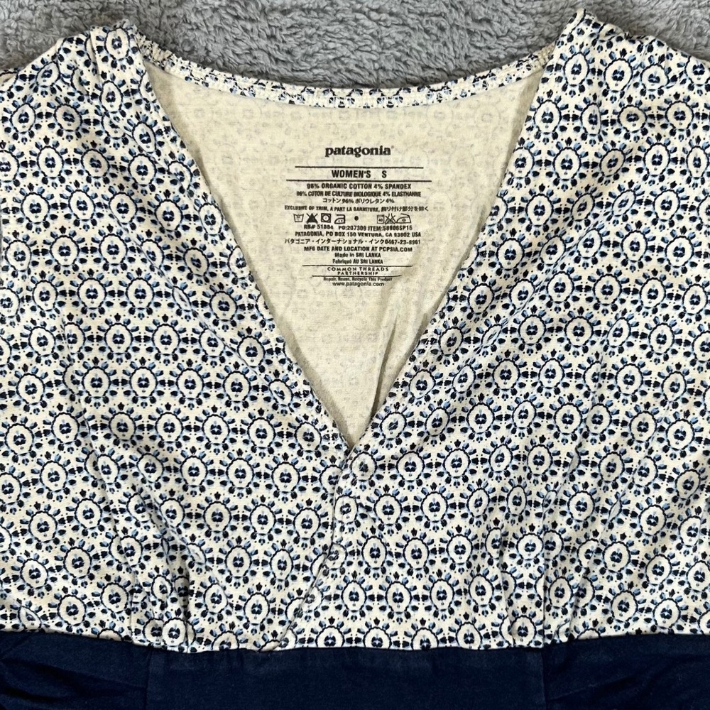 Patagonia Womens S Navy Blue Geometric Print Organic Cotton Empire Waist Dress